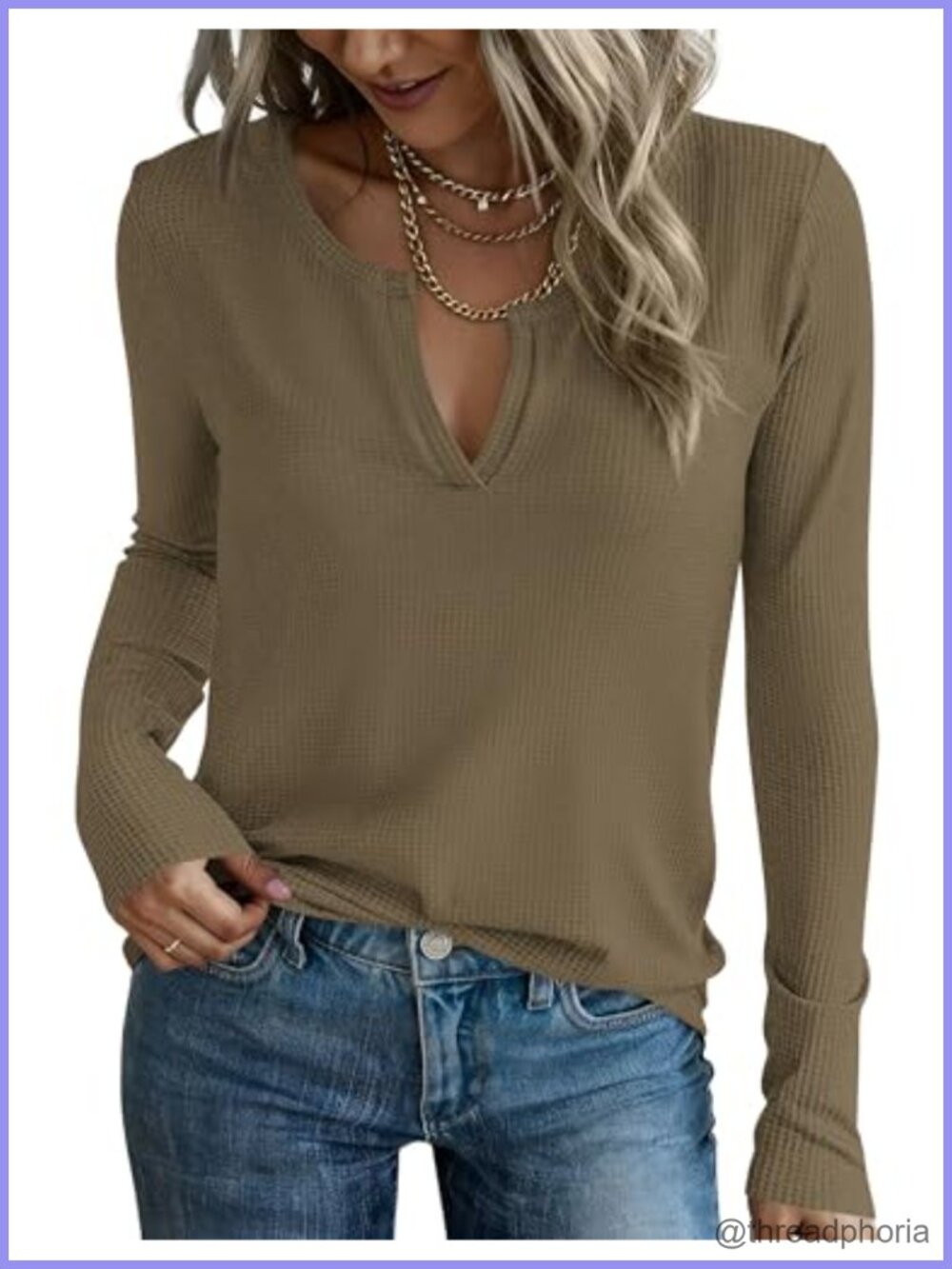 Waffle Knit Long Sleeve V-Neck Top Blouse Relaxed Fit Casual